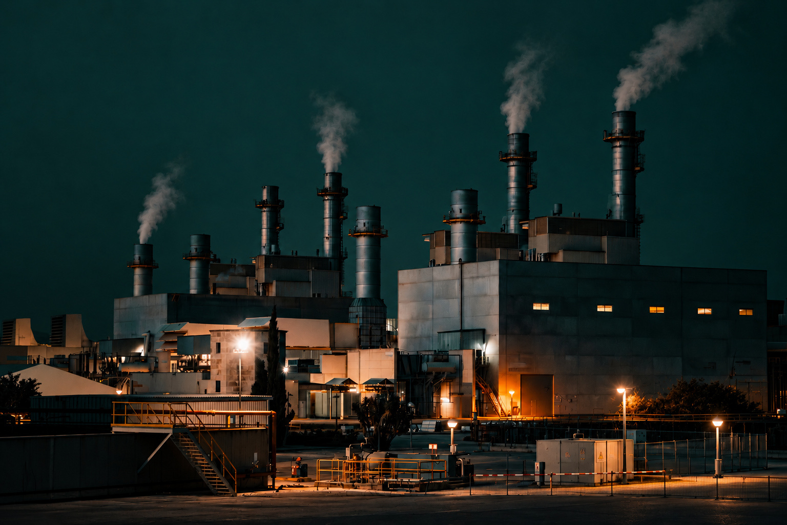 Fotografía nocturna de una instalación industrial editada por Tomeu Fiol con ayuda de inteligencia artificial